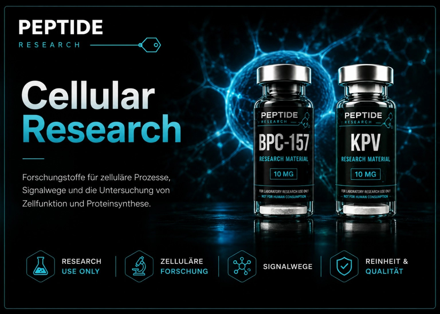 Cellular Research Materials mit BPC-157 und KPV in den originalen cyanfarbenen Produktvarianten.