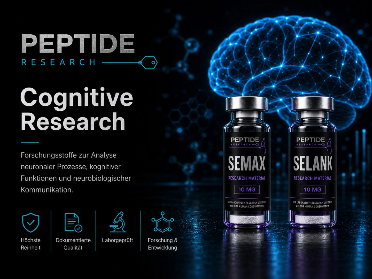 Cognitive Research Materials mit Semax und Selank in violetter Produktkennzeichnung.
