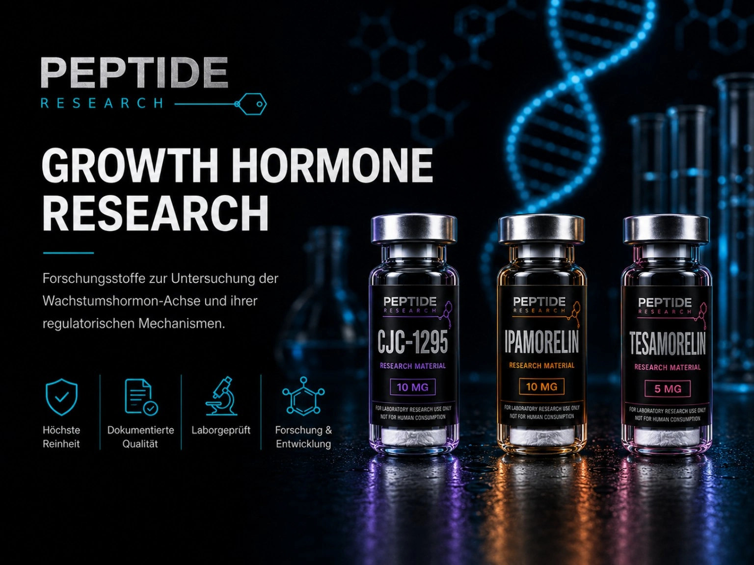 Growth Hormone Research Materials mit CJC-1295, Ipamorelin und Tesamorelin in den originalen Produktfarben.