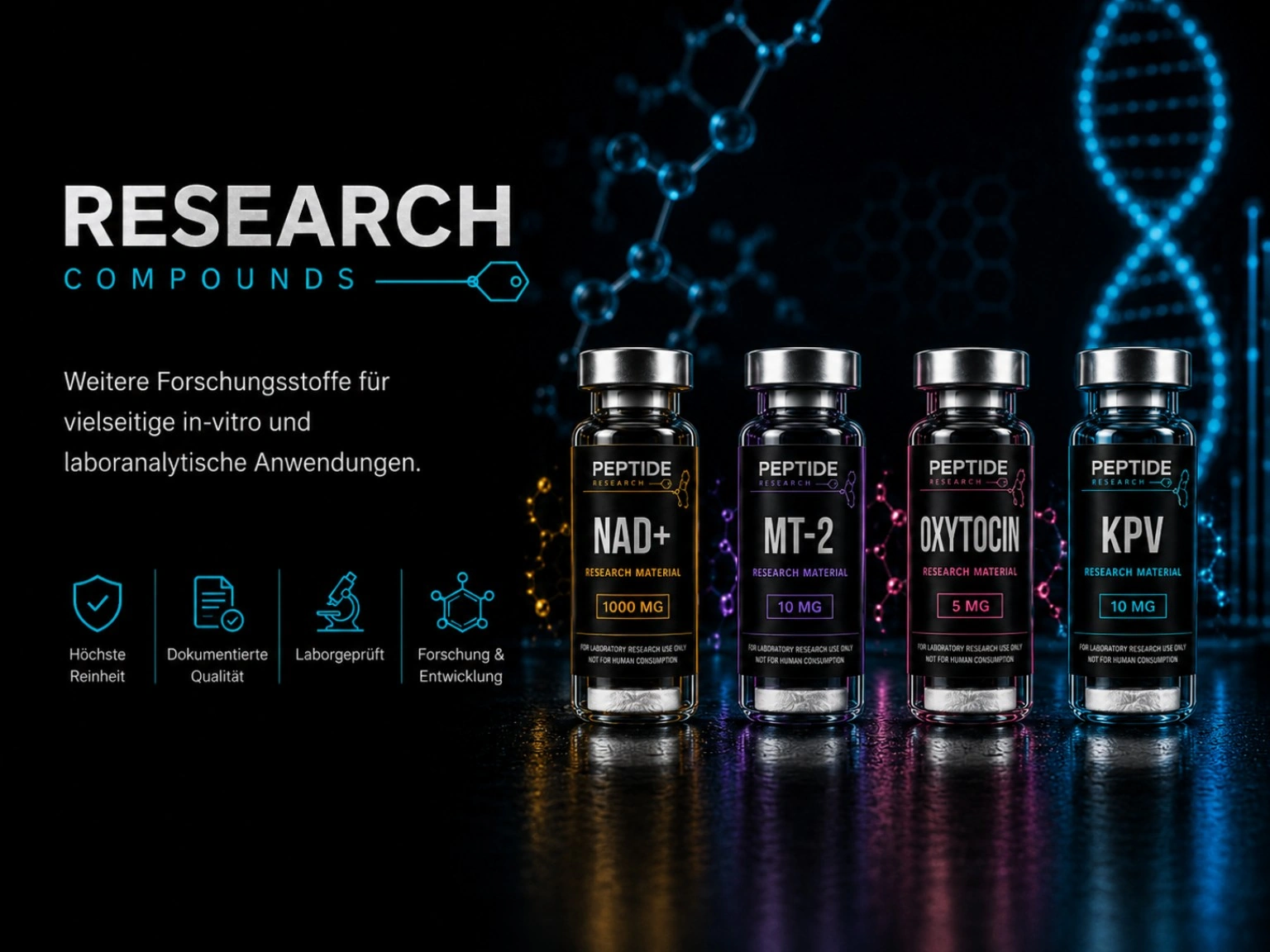 Research Compounds mit NAD Plus, MT2, Oxytocin und KPV in den originalen Produktfarben.